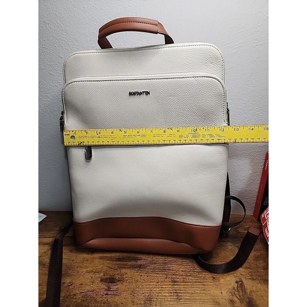 BOSTANTEN Leather Backpack Laptop Bag Travel Casual Computer Beige Brown